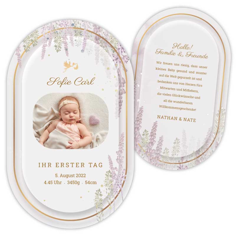 Dankeskarte-Geburt-oben-unten-rund-Flieder