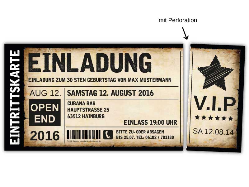 Einladungskarten-Einladungskarte-Geburtstag-als-Ticket-Eintrittskarte-Einladung-Karte-Vintage-VIP-mit-Stern-perforation