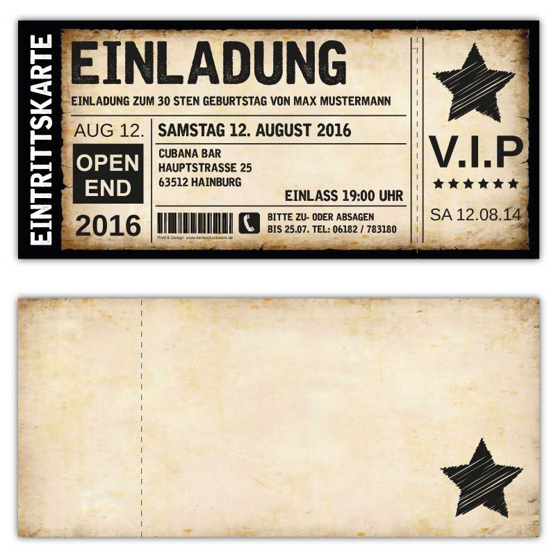 Einladungskarten-Einladungskarte-Geburtstag-als-Ticket-Eintrittskarte-Einladung-Karte-Vintage-VIP-mit-Stern