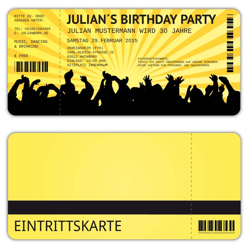 Einladungskarten-fuer-Geburtstag--Eintrittskarte--Ticket--Karte--Einladung-Konzertkarte-Retro-043-gelb