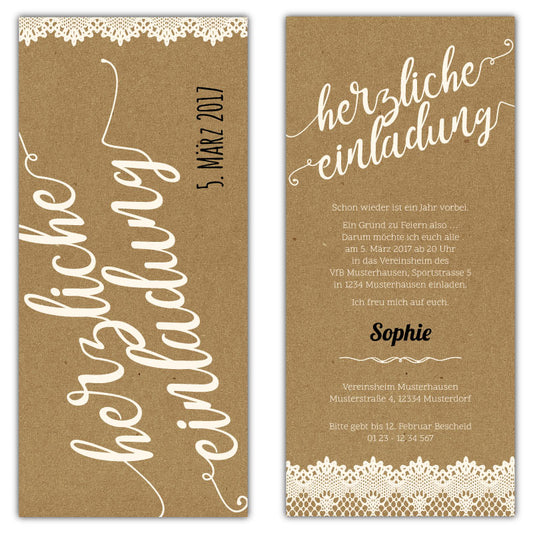 Vintage-Einladungskarte-Kraftpapier-mit-Spize-Geburstagseinladung