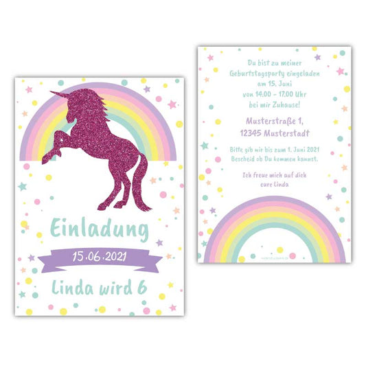 Einladungskarte-Einhorn-mit-Glitzer-Einhorn-pink