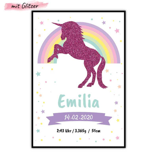 Geburtsposter-Maedchen-Einhorn-mit-Glitzer