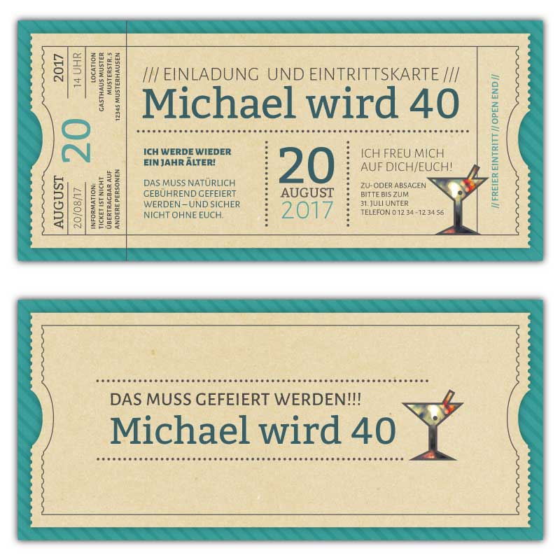 Geburtstagseinladungskarten-als-Party-Vintage-Ticket-Eintrittskarte-tuerkis-Amerika-Style