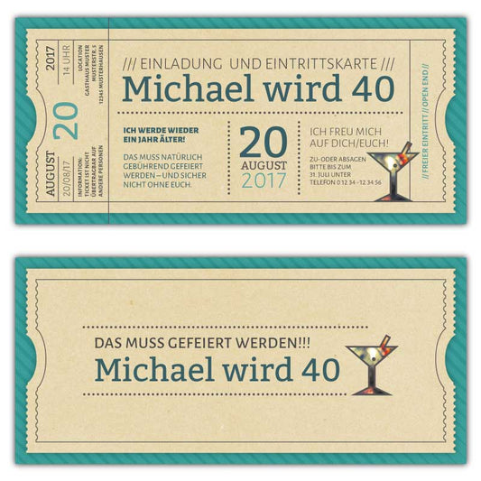 Geburtstagseinladungskarten-als-Party-Vintage-Ticket-Eintrittskarte-tuerkis-Amerika-Style